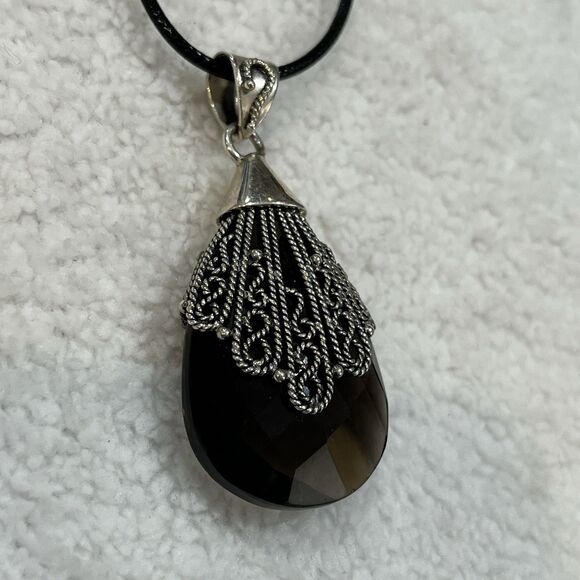 VTG Stuari Ba Indonesia Briolette Smoky Quartz Drop Pendant Necklace Whimsygoth - Picture 3 of 7